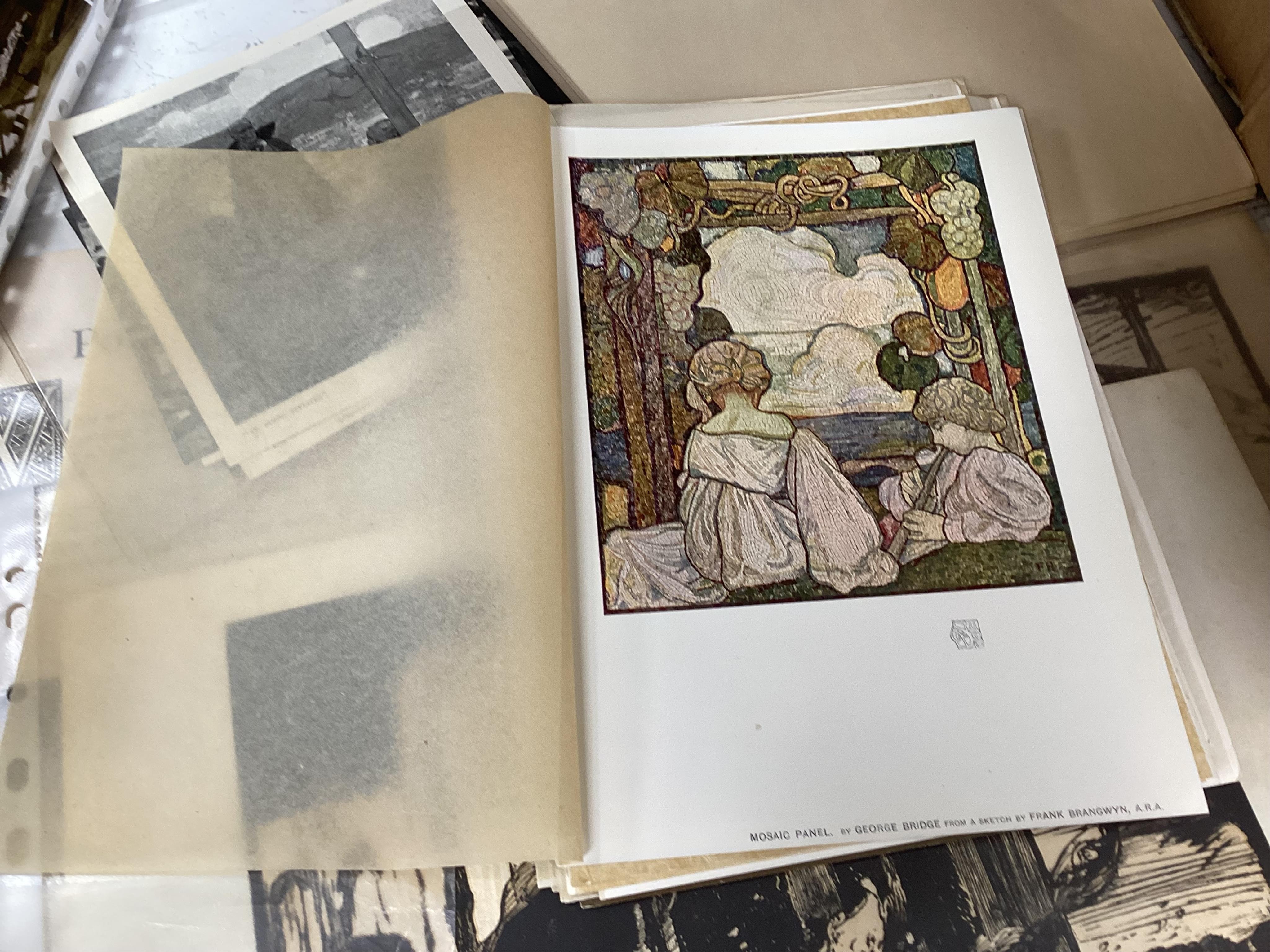 After Frank Brangwyn RA RWS RBA (1867-1956), a collection of unframed etchings and book plates to include Poem by JC Squire, together with related photographs inclduing Brangwyn in his studio